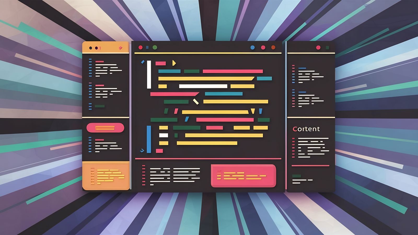 Side-by-side comparison of bloated JavaScript code crossed out next to clean CSS declarations on lined paper
