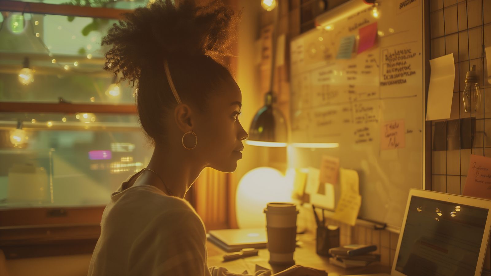 Warm-toned workspace with handwritten notes and organic design sketches pinned to a corkboard