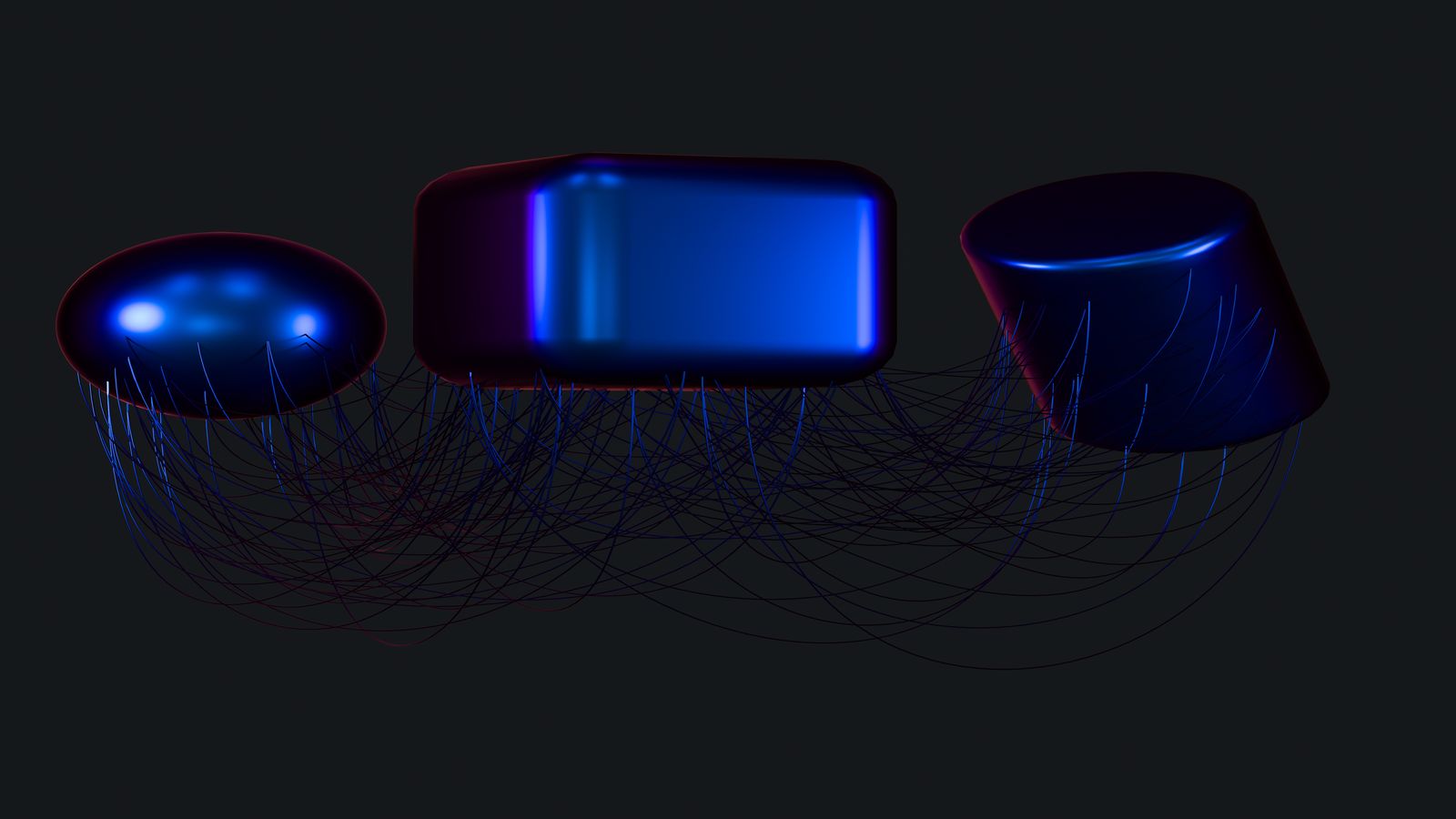 Layered translucent interface panels floating at different depths over a dark workspace surface