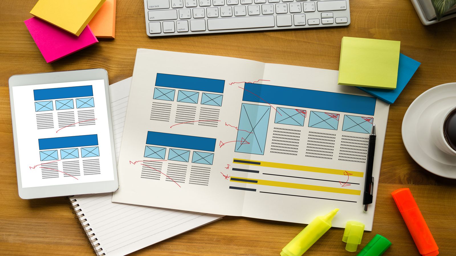 Article layout with a highlighted summary box at the top and expandable detail sections below on ruled paper